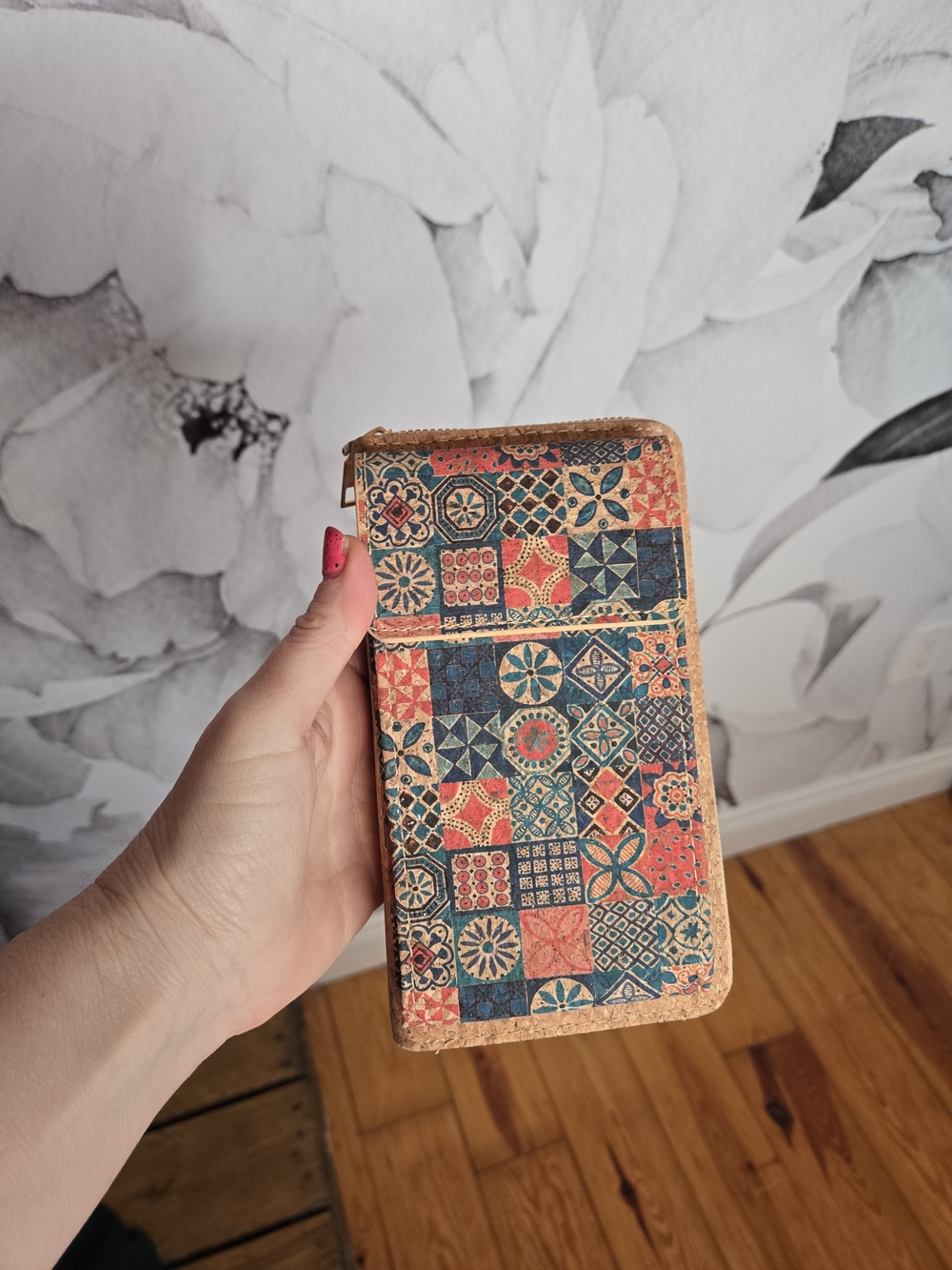 🍓Patchwork Tile Pattern Cork Wallet - Blue & Coral